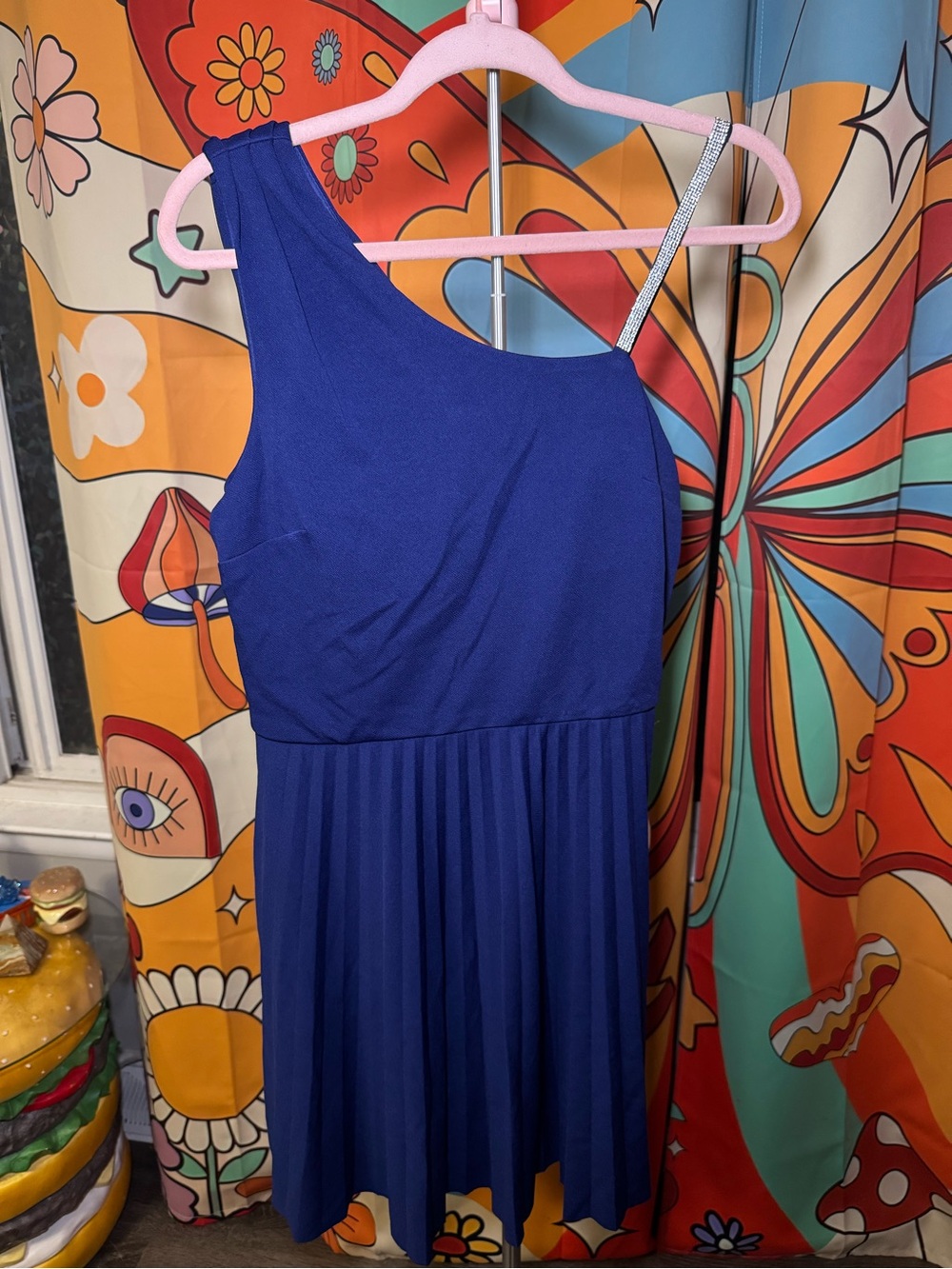 Macy's Royal Blue One-Shoulder Pleated Dress with Rhinestone Strap